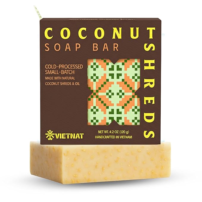 Cold-Process Natural 2-in-1 Luxurious Natural Soap Bar (4.2 oz) with Coconut Shreds | Light Exfoliation & Creamy Lather Body Bar | Cold-Processed, Handmade in Vietnam (Pack of 1)