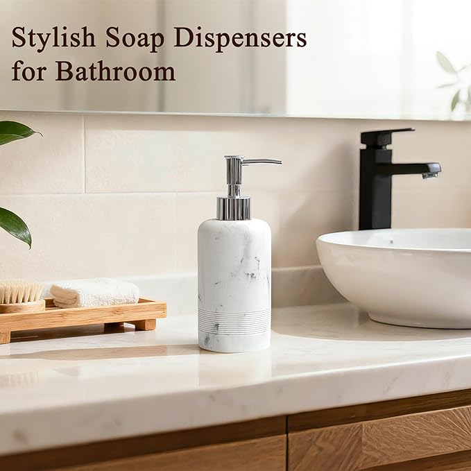 2pcs/Set Hand Soap Dispenser Sets - 10.8oz Refillable Resin Liquid Soap Dispensers with Rust-Proof Pump for Bathroom Countertop or Kitchen, Marble White