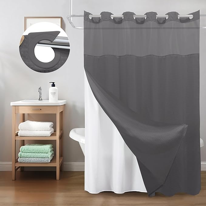 Inhousolu Extra Long No Hook Shower Curtain with Snap in Fabric Liner Set Waffle Weave 230GSM Weighted Hem, Waterproof & Washable Bathroom Curtain Spa with Mesh Top Window 72" W x 84" L Graphite Grey