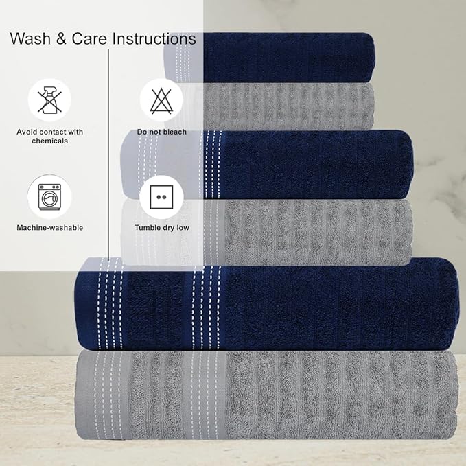 CASA COPENHAGEN Elegance Collection Towels 550 GSM 2 Bath Towel 2 Hand Towel 2 Washcloths, Super Soft Egyptian Cotton 6 Towels Set for Bathroom, Kitchen & Shower - Navy Blue + Grey