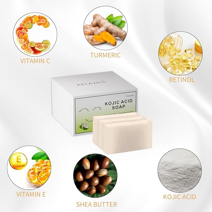 Kojic Acid Soap Bars with Retinol, Collagen, Vitamin C, Fresh Coconut Scent for Face and Body, Moisturizes, Smooth and Evenly Radiant (3 Pack)
