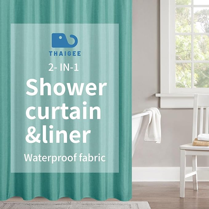 2-in-1 Waterproof Fabric Shower Curtain or Liner,Linen Textured,Breathable TPU & Washable Bathroom Shower Curtain Set with 12 Plastic Hooks,Modern,72"x72" Teal