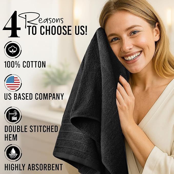 DAN River Extra Large Bath Towels Set of 4, 30 x 60 Inches - 100% Cotton Larger & Lighter Weight Towels for Bathroom - Quicker to Dry, Super Soft & Highly Absorbent Towels for Home, Black