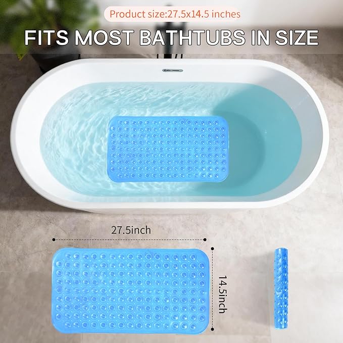 Anti-Slip Bathtub Shower mat, 27.5×14.5（Approximately 70×37cm） inch Soft Oversized Machine Washable Non-Slip Bathtub mat with Drainage Holes, Bathroom Floor Suction Cup.（1-Clear Blue）