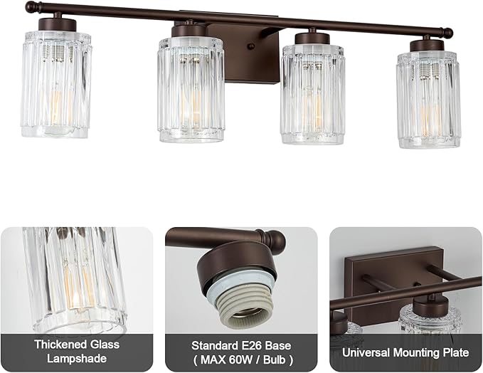 4 Light Bathroom Light Fixtures Modern ORB 28 Inch Vanity Lights for Bathroom Lighting Fixtures Over Mirror with Thickened Glass Shade for Cabinet Mirror Bedroom Hallway