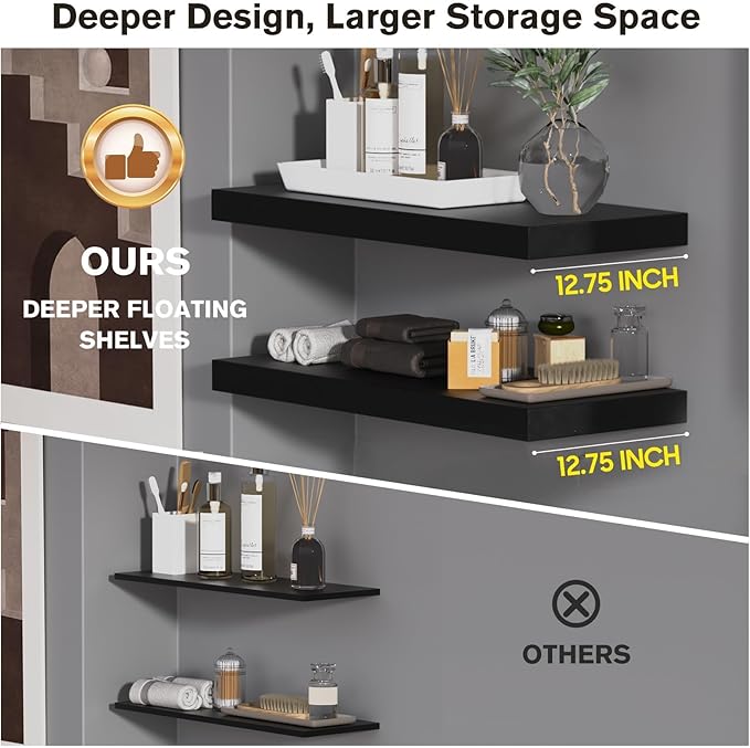 Floating Shelf, Set of 3 Wall Shelf, 30 in W x 12.75 in D x 2 in H Wooden Floating Wall Shelf with Invisible Brackets for Living Room/Bedroom/Bathroom/Kitchen Storage and Decor, Black