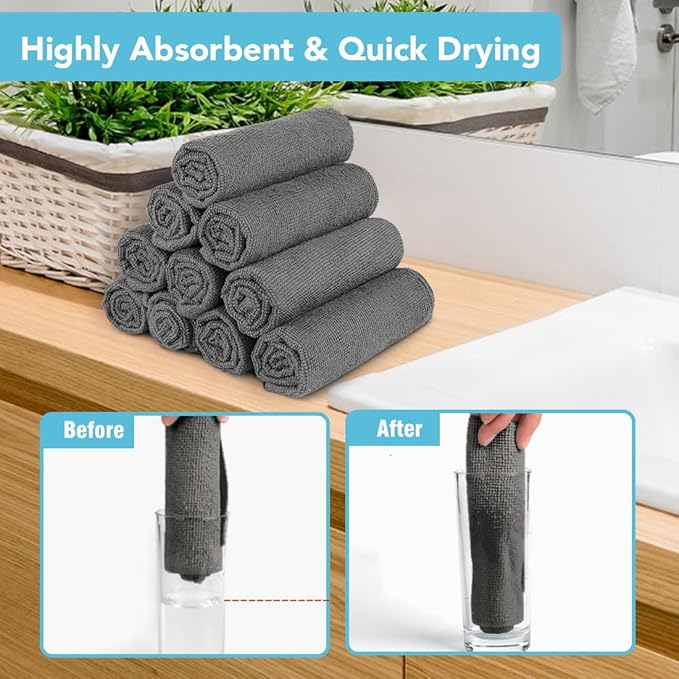 Orighty Washcloths Towels Set 20 Pack, Highly Absorbent and Soft Feel Microfiber Face Cloths, Multi-Purpose Wash Cloths & Hand Towels for Bathroom, Hotel, Spa, and Gym, 11.5x11.5 Inch, Grey