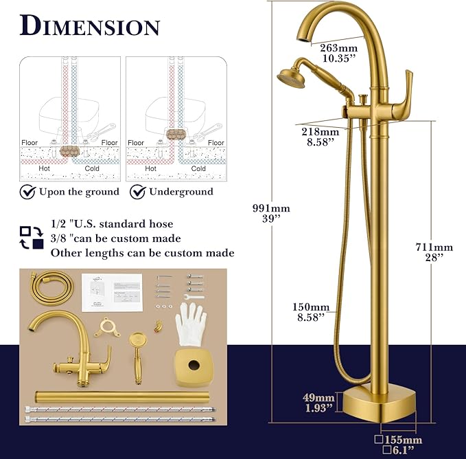 Free Standing Tub Faucet, Hanallx Luxury Brushed Gold Freestanding Bathtub Faucet with Sprayer, Premium Brass High Flow Rate Floor Mount Tub Filler Swivel Spout, Roman Tub Faucet Set（HM88011-BG）