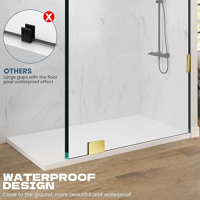 Frameless Shower Door, 36" W ×78" H Fixed Shower Glass Panel with Clamps, 3/8" (10mm) Glass Shower Doors, Clear Tempered Bathroom Shower Screen in Brushed Gold