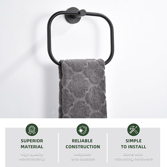 Angle Simple Matte Black Towel Ring Swivel, SUS 304 Stainless Steel Bathroom Hand Towel Holder for Wall Mount