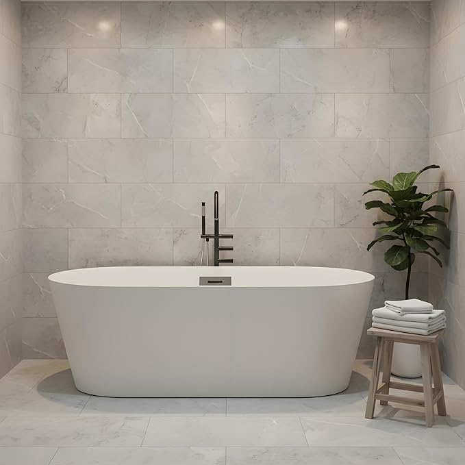 Freestanding Bathtub 59 inch Acrylic Soaking Tub with Chrome Drain & Overflow, Ergonomic Stand Alone Bathtub for Small Bathroom or Home Spa Retreat