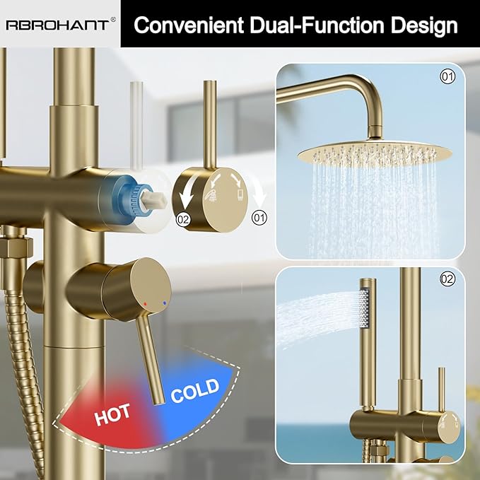RBROHANT Freestanding Outdoor Shower Gold, Height Adjustable Stainless Steel Outdoor Showers for Backyard Garden Pool Beach, Stand Alone Outdoor Shower Hot and Cold Water, Brushed Gold, JK0456