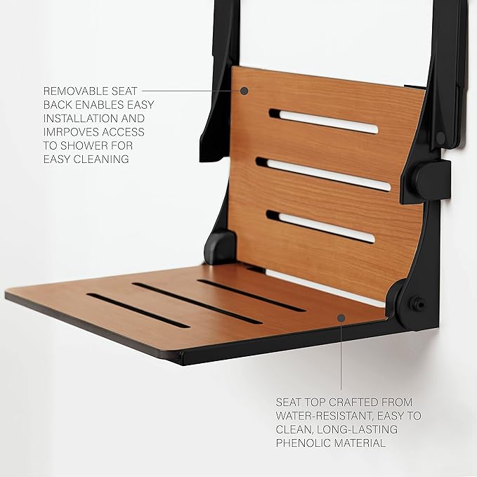 Seachrome Silhouette Comfort Folding Wall Mount Shower Bench Seat with Arms, Teak Seat with Matte Black Frame
