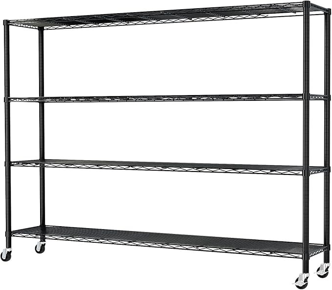 4 Tier Storage Racks Shelving, Heavy Steel Pantry Shelves, Adjustable Wire Shelving Rack with Wheels, Suitable for Garage, Kitchens, Offices, 59" W x 23.6" D x 75.6" H, Black