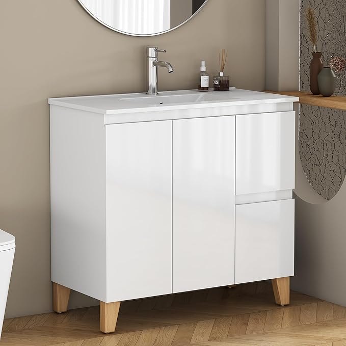 36" Freestanding Bathroom Vanity with Sink, High Gloss White Cabinet, Mid-Century Solid Wood Legs, 2 Doors & 2 Side Drawers, Scandi Modern Storage for Master Bath