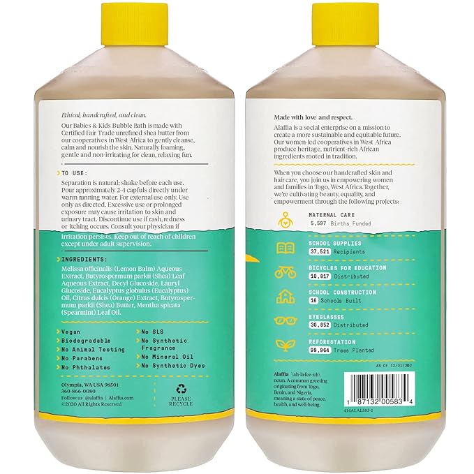 Alaffia Babies and Kids Bubble Bath, Gentle Baby Essentials for Delicate Skin, Cleansing & Calming Bubbles, Plant Based Formula, Vegan, Eucalyptus Mint (2 Pack - 32 Fl Oz Ea)