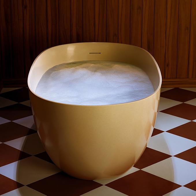 WOODBRIDGE 69" L x 32" W Stone Resin Luxury Contemporary Solid Surface Freestanding Soaking Bathtub in Cream with 2-Drain Covers Included