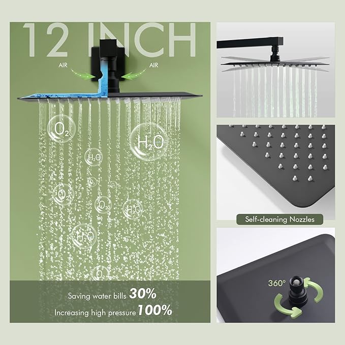 Shower System with Body Jets,Bostingner 3 Way Shower Faucet Set 12" Rain Shower Head with Handheld Spray, Can Use at Same Time,Push Button Diverter Shower Head Set Complete, Matte Black