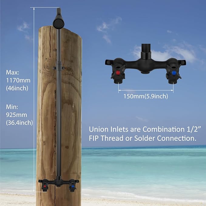 Aolemi Outdoor Shower Kit Fixtures Faucet System Double Handle Exposed Shower with Brass Mix Valve and Height-Adjustable Shower Pipe 6 Inch Center with Showerhead Matte Black