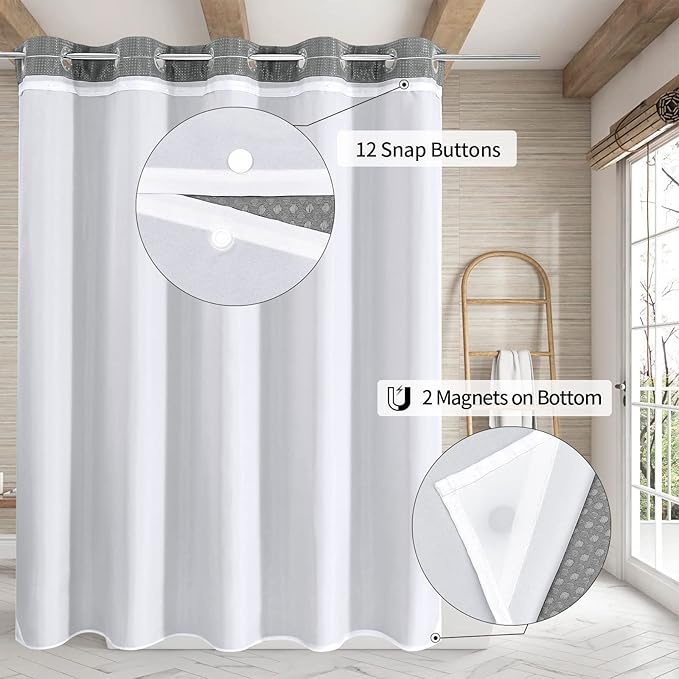 MitoVilla Black Waffle Long Shower Curtain Liner Set 72 x 80, No Hooks Needed 80 inch Long Heavyweight Fabric Shower Curtain Set with Snap-in Liner for Hotel Grade Spa-Like Bathroom Decor