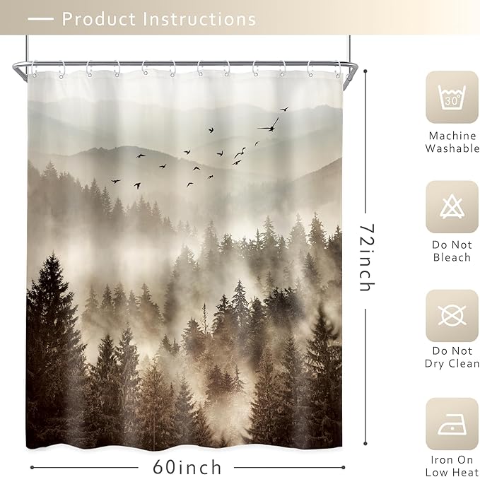 Riyidecor Foggy Mountain Shower Curtain 60Wx72H Inch Nature Rustic Woodland Scenery Tree Alpine Landscape Natural Abstract Modern Scene Bathroom Decor Fabric Polyester Waterproof 12 Pack Hooks