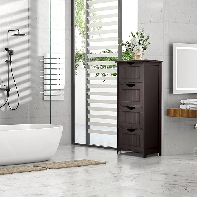 Bonnlo Skinny Bathroom Floor Storage Cabinet, 12 Inch Wide Deep Small Storage Organizer with 4 Drawers, Wooden Modern Espresso Thin Free Standing Tower Cabinet w/ 4 Cute Drawers for Bathroom