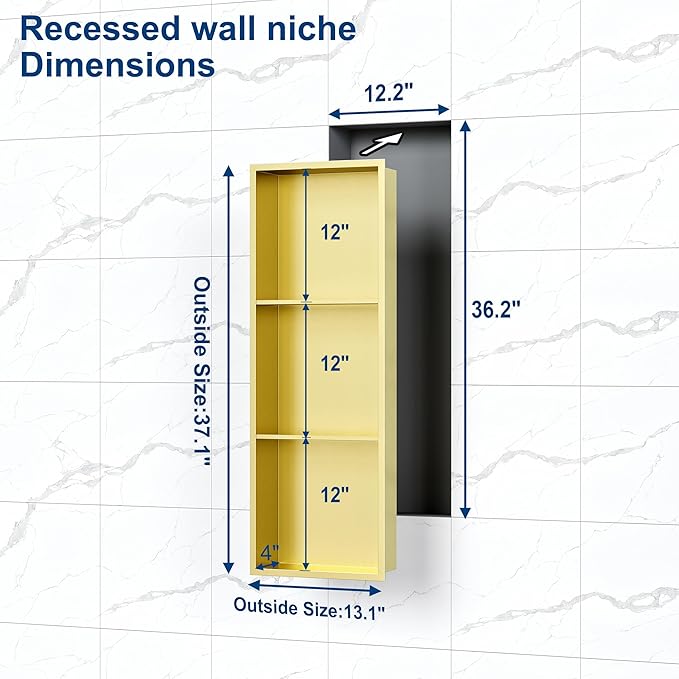 Neodrain Stainless Steel Shower Niche, NO Tile Needed Recessed Shelf for Bathroom Storage, 3-Tier Recessed Built-in Wall Niche（12X36Inch，Gold）