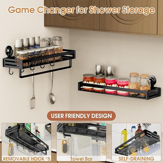 Shower Caddy Suction Cup, 11.8 inch Suction Shower Shelf with Hooks NO-Drilling Bathroom Holder, Rustproof Bathroom Organizer, Black