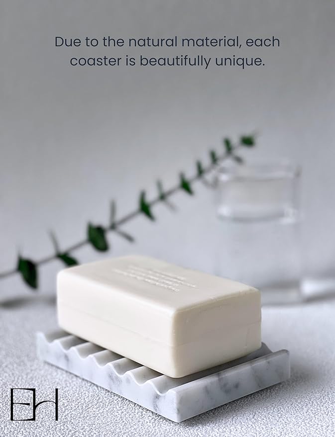 Marble Soap Dish - Soap Dish for Shower, Shower Bar Soap Holder, Real Marble Bathroom Tray, Decorative Stone Soap Dish with Drainage (Calacatta White, Round Wave)