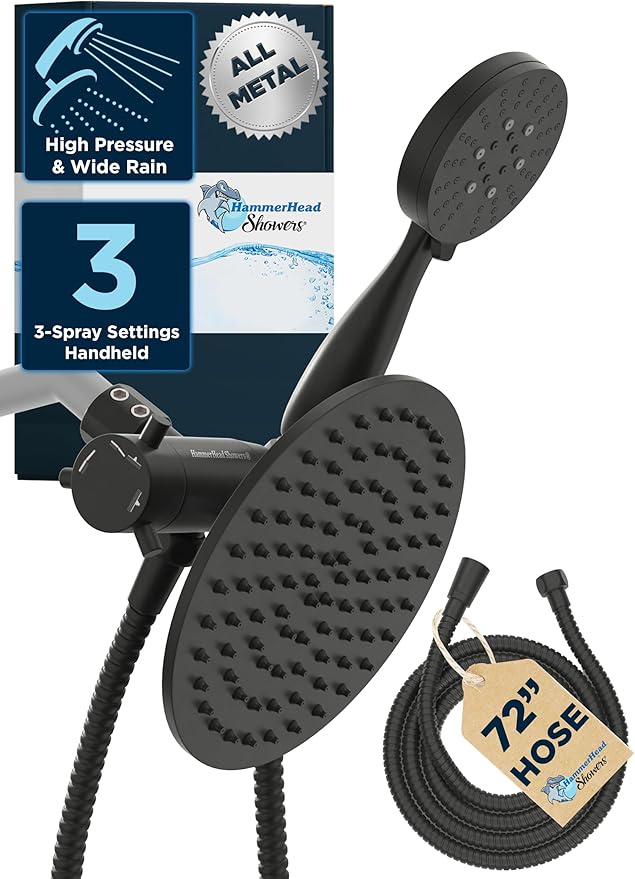 HammerHead Showers Dual Shower Head Combo, 8-Inch Rainfall & 3-Flow Handheld, Matte Black, 2.5 GPM