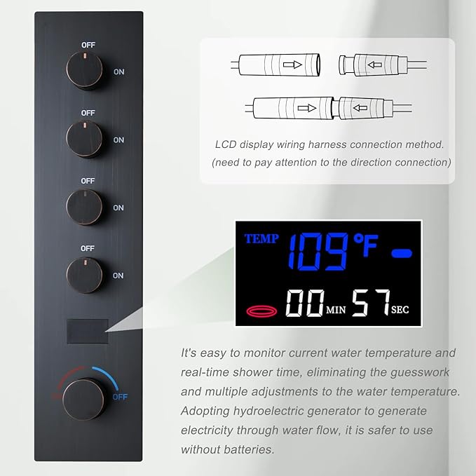 Temperature Display Oil Rubbed Bronze Shower System with 16X24 inch Ceiling Mounted Shower Head(Rain & Waterfall Modes), with 6 PCS Body Jet and Handheld Spray