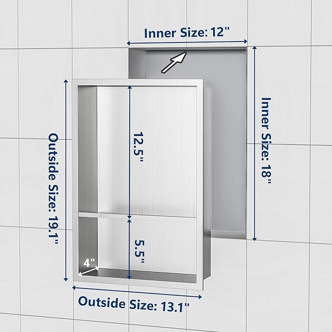 Stainless Steel Shower Niche 18" X 12", No Tile Needed Wall Niche Double Shelves, Recessed Shower Shelf for Bathroom Storage, Brushed Nickel