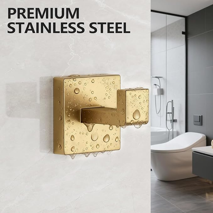 Kruodop 2 PCS Towel Hooks for Bathroom, Wall Mount Towel Holder, Black Matte Wall Robe Hook,Square Stainless Steel Door Hanger Towel Hook for Kitchen, Bedroom,Hotel,Pool,Coats（Gold）
