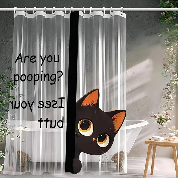 Clear Cute Funny Black Cat Shower Curtain Liner, Are You Pooping Shower Curtain, Fun Anime Cat Shower Curtains for Bathroom, 72x72 Plastic Cool Summer Shower Curtain Set with Weighted Magnets 12 Hooks