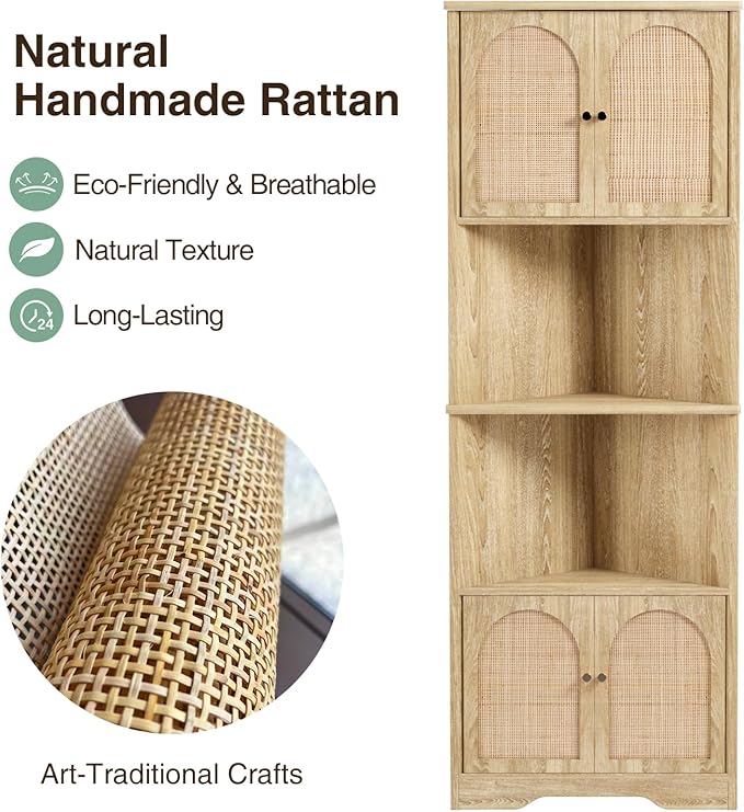 67''H Tall Corner Cabinet with Handmade Rattan Door, Rattan Storage Cabinet with Adjustable Shelves, Corner Bookshelf Space Saver for Barthroom, Kitchen, Natural