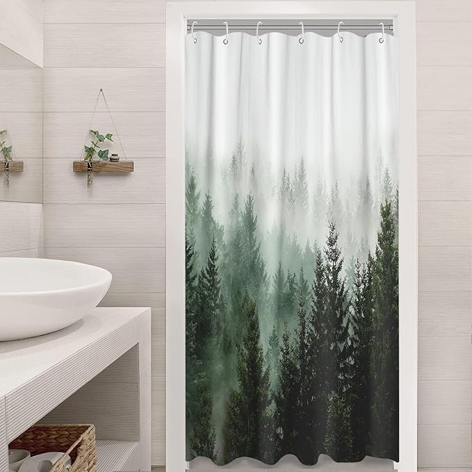 Aipon Green Misty Forest Shower Curtain Nature Tree Shower Curtain Set Dark Green Fabric Waterproof Shower Curtains for Bathroom Decor (36'' × 72'', Green4)