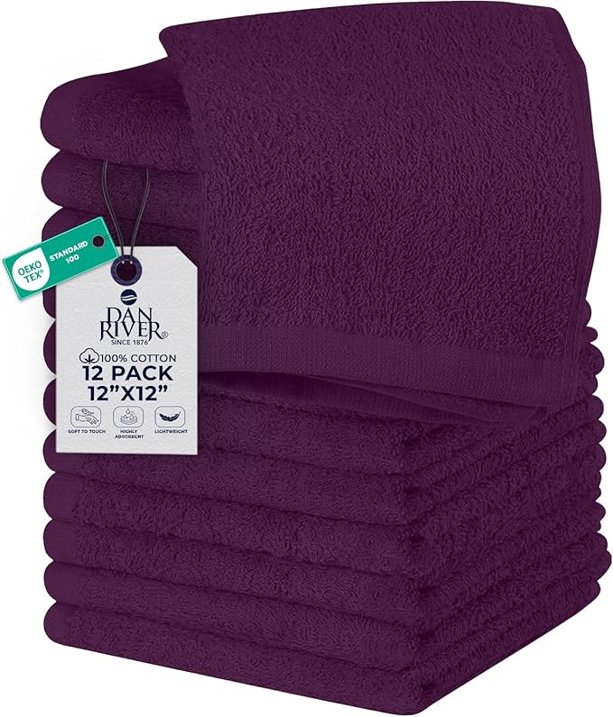 DAN RIVER 12 Pack Wash Cloths for Showering [12x12] - 100% Cotton Washcloths Premium Quality Flannel Face Cloths for Bathroom, Highly Absorbent and Soft Feel Wash Clothes, Purple Passion