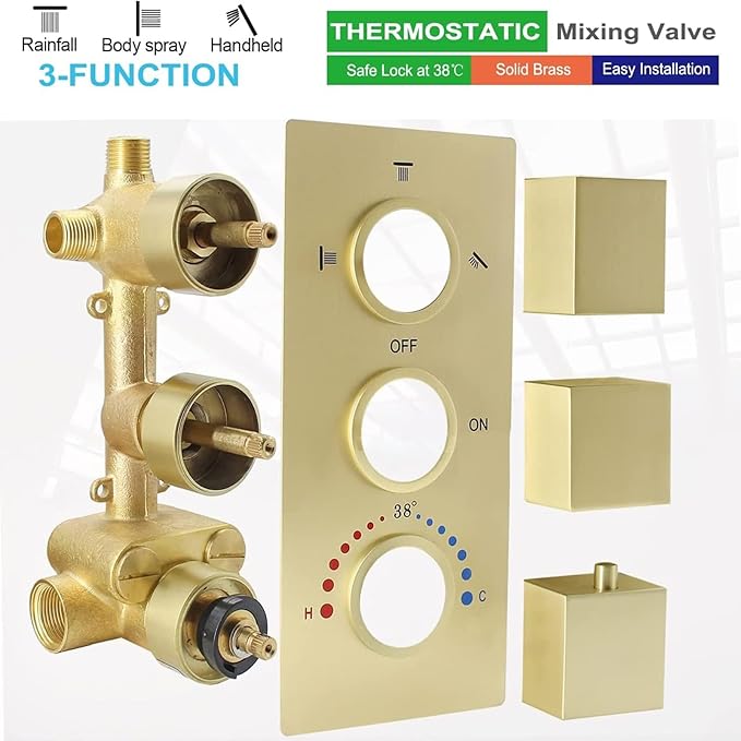 HOMEDEC 3 Way Shower Diverter Valve, Water Diverter with Temperature Control, Shower Mixing Valve with 3 Square Knobs, Brushed Gold