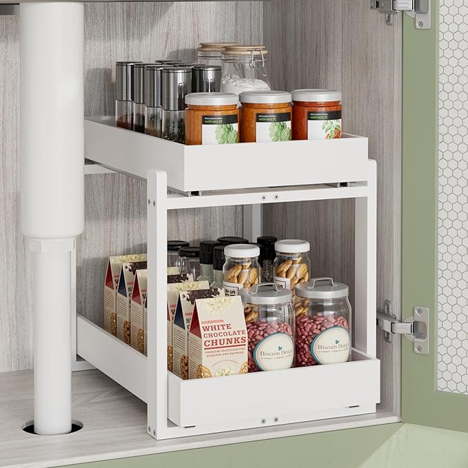 2 Pack Under Sink Organizer, Bamboo Wooden 2-Tier Pull-Out Storage with Sliding Drawers for Kitchen and Bathroom Cabinets, Easy Installation (White, 1 pack)