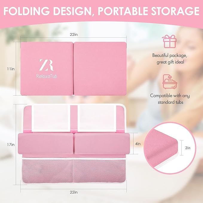 Bath Kneeler and Elbow Rest Pad Set - 2 inch Comfortable Thick Baby Bath Kneeler Pads, with Toy Organizer Pockets - Quick Drying, Foldable, Non-Slip for Baby and Toddler Bathing (Pink)