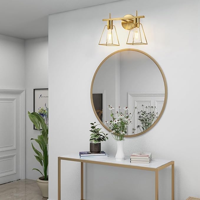 Industrial Bathroom Vanity Lights: 2-Lights Brush Gold Vintage Metal Cage Wall Sconces - Rustic Farmhouse Lightning Fixture Over Mirrors Cabinet for Dressing Hallway