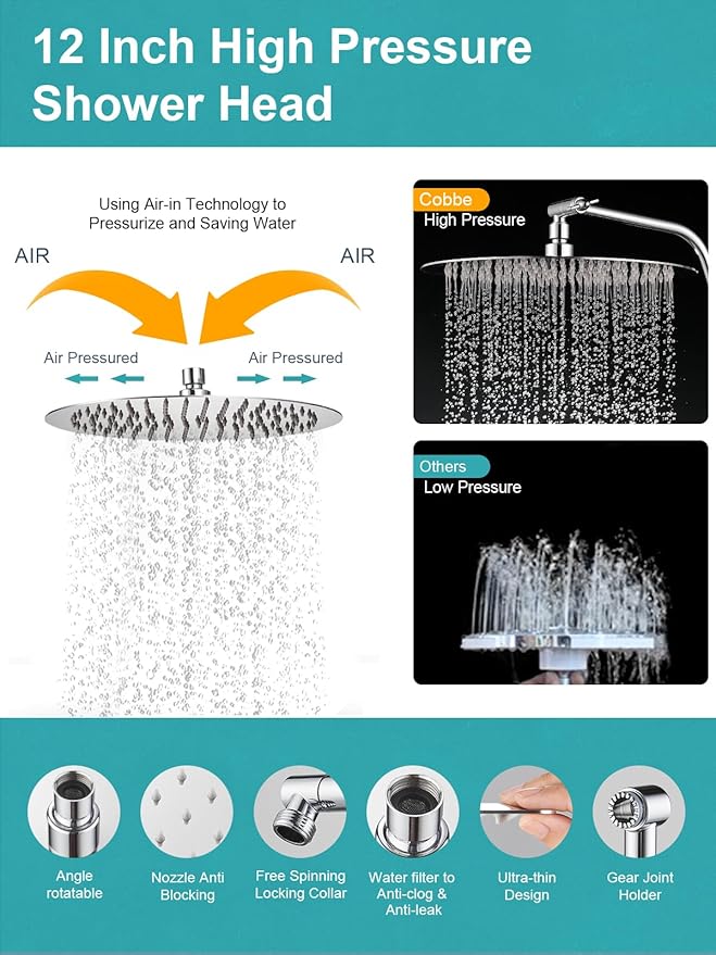 Cobbe 12 Inch All Metal Rain Shower Head, Dual Shower Heads with Handheld Spray Combo - Upgrade Extension Arm Height Adjustable - 9 Spray Filtered Shower Head, Chrome