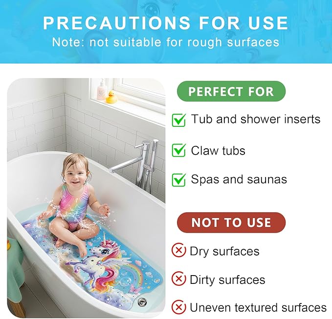 Upgrade Cartoon Baby Bath Mat Non Slip - 40"x16" Extra Long Bathtub Mat for Baby Eco Friendly Durable Bath Mat for Tub Non Slip Kids Tub Mat with Suction Cups, Machine Washable and No Fading, Unicorn