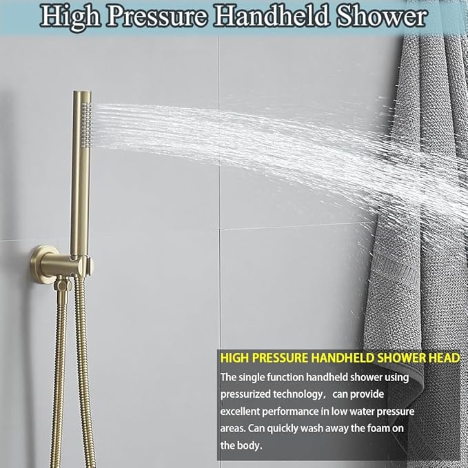 Brushed Gold Round Shower Faucet Set with Body Jets 12 Inch Shower Head Handheld Shower Combo Set High Pressure Ceiling Mount with Rough-in Valve
