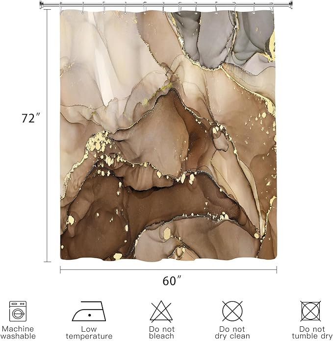 Brown Marble Shower Curtain 60x72, Modern Abstract Fabric Shower Curtains for Bathroom, Luxury Art Ink Texture Watercolor Cloth Shower Curtain Set with Hooks