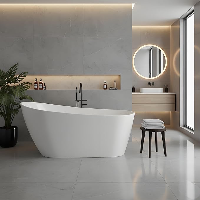 Freestanding Bathtubs 67 inch Acrylic Free Standing Bath Tub, Freestanding Tub with Integrated Overflow, Luxury Soaking Tub for Contemporary Home Spa