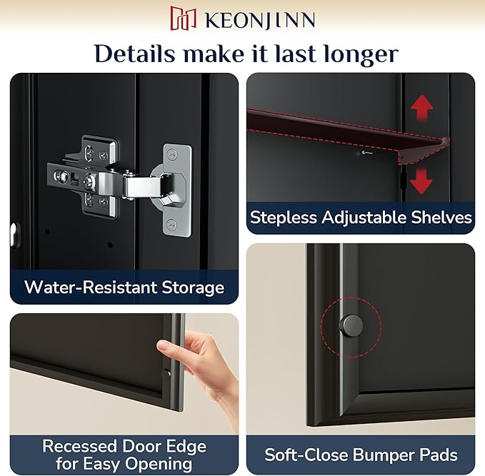 Keonjinn 30 x 26 Inch Black Medicine Cabinet, Bathroom Medicine Cabinet with Mirror, Lightweight Aluminum Structure, Assembly Required, in Wall or Wall Mount, Free Adjustable Shelves, Tempered Glass
