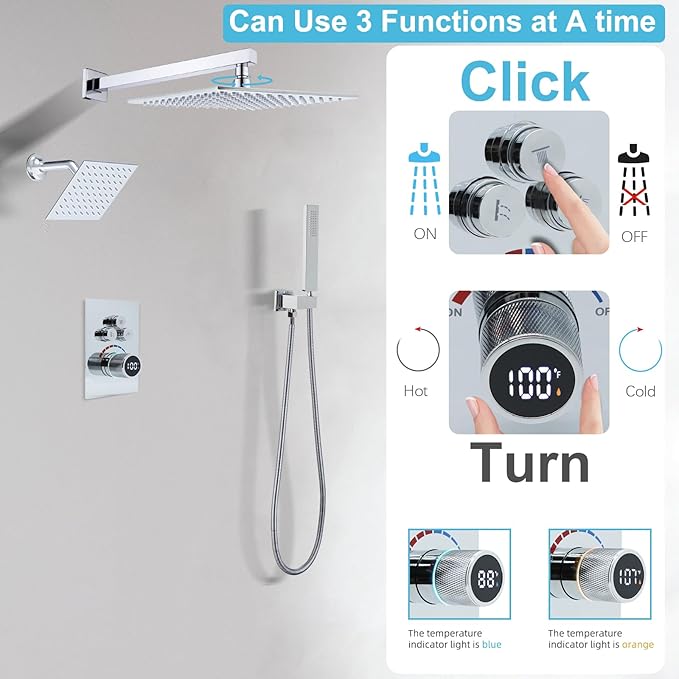 Digital Display Dual Head Shower system Rain Shower System Shower Wall Mount 10 Inch Ceiling Shower Head with 6 Inch Shower Head with shower handheld(Polished Chrome)