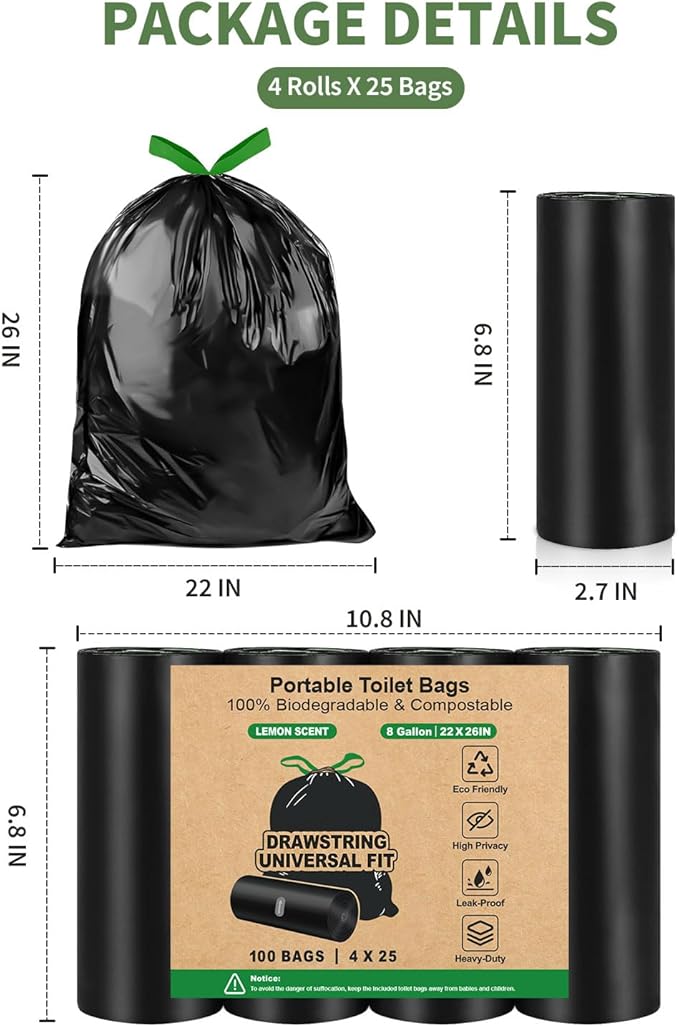 100 Camping Toilet Bags Drawstring, 8 Gallon Portable Toilet Bags Use with 5 Gallon Bucket, Porta Potty for Camping Bathroom Travel Backpacking