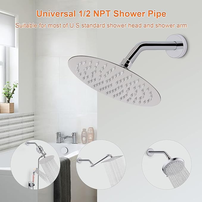 HarJue Shower Arm with Flange and Teflon Tape, Wall Mounted Shower Pipe 304 Stainless Steel Extension Arm for Fixed Shower Head & Handheld (6 Inch, Chrome)